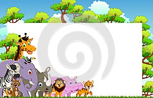 Cute animal cartoon with blank sign and tropical forest background