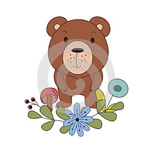 Cute animal in cartoon style. Woodland bear with forest design elements. Vector illustration