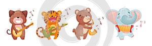 Cute Animal Character Playing Musical Instruments Performing Concert Vector Set