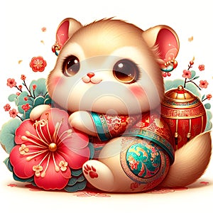 A cute animal creatures in chinese style, cute pose with mei hwa flower, red lampion, cartoon, white background