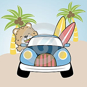 Cute animal driving car to beach carrying surfboard