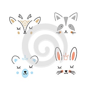 Cute Animal face. Cartoon animals collection, deer, raccoon, bear and rabbit. Vector illustration