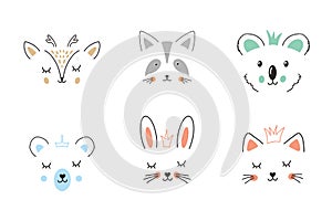 Cute Animal face. Cartoon animals collection, deer, raccoon, koala, bear, rabbit and cat. Vector illustration