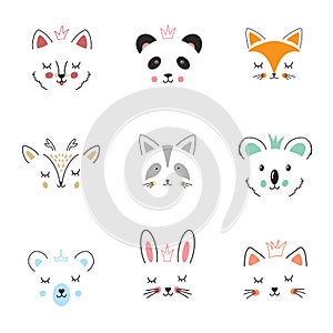 Cute Animal face. Cartoon animals collection, dog, panda, fox, deer, raccoon, koala, bear, rabbit and cat. Vector illustration