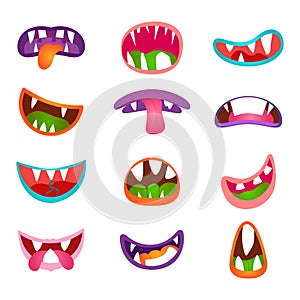 Cute animal face expressions and emotions. Funny cartoon monster comic mouth set