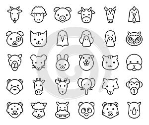 Cute animal face included farm, forest and African animals, outline design