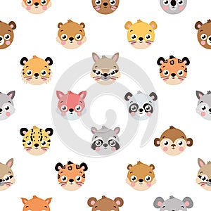 Cute pattern with different animal faces on white background