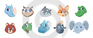 Cute animal faces. Baby pets and wild forest animals smiling heads, animal children characters avatars. Vector isolated