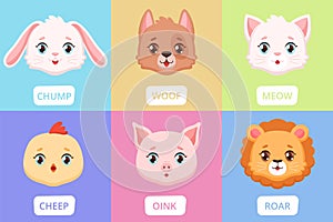 Cute animal faces. Cartoon wild characters, baby kids pastel colors cards with lion dog kitty vector set