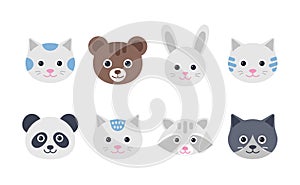 Cute animal faces. Character heads in flat design. Vector illustration