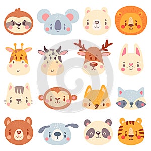 Cute animal faces. Color animal portraits, cuteness tiger, funny bunny head and funny fox face vector illustration set