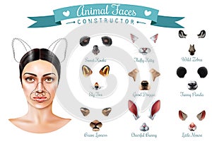 Cute Animal Faces Constructor Icon Set