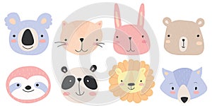 Cute animal faces. Hand drawn character. Vector illustration.