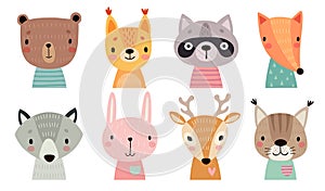 Cute animal faces. Hand drawn characters