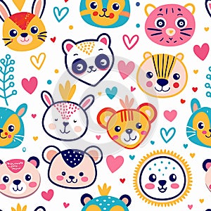 Cute animal faces seamless pattern. (1