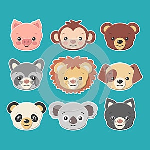 Cute animal faces stickers set -vector eps8