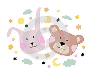 Cute animal faces. Vector illustration of a bear and a rabbit on the background of the moon, stars and clouds