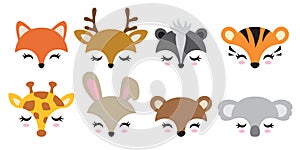 Cute Animal Faces Vector Illustration Set