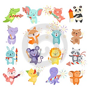 Cute Animal with Fireworks Enjoying Holiday Celebration Big Vector Set