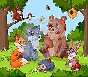 Cute animal in forest. Cartoon animals, children drawing woodland background. Funny squirrel, rabbit bear fox near tree garish