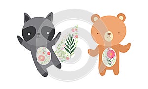 Cute Animal Having Floral Tail and Belly Vector Set