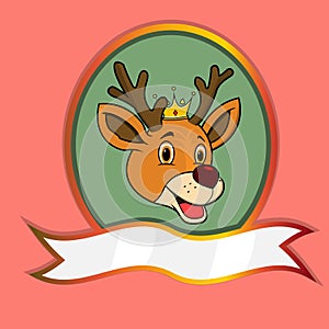 Cute Animal Head With Crown On Frame Label. Deer Head. Perfect For Cartoon, Logo, Icon and Character Design