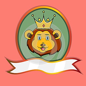 Cute Animal Head With Crown On Frame Label. Lion Head. Perfect For Cartoon, Logo, Icon and Character Design