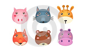 Cute animal heads set, funny faces of pig, wolf, giraffe, fox, bear, hippo vector Illustration on a white background