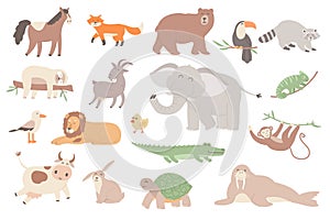 Cute animal isolated objects set. Collection of horse, fox, bear, toucan, raccoon, sloth, elephant, monkey and lion, rabbit,