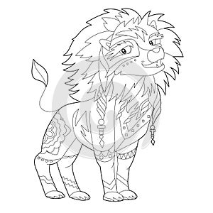 Cute animal lion. Doodle style, black and white background. Funny animal, coloring book pages. Hand drawn illustration in