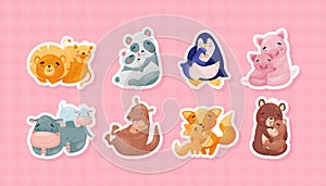 Cute Animal Mother and Baby Together Hug and Embrace Vector Sticker Set