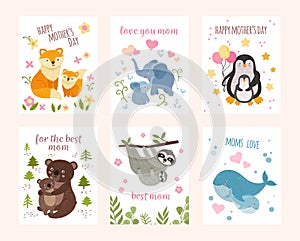 Cute animal mother day. Mothers and animals babies, mommy holiday postcards template. Neoteric cute wild cartoon