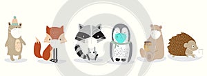 Cute animal object collection with bear,fox,skunk,penguin,hedgehog wear mask.Vector illustration for prevention the spread of photo