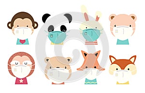 Cute animal object collection with giraffe,fox,panda,monkey,rabbit,sloth,bear wear mask.Vector illustration for prevention the