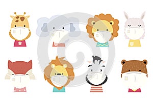 Cute animal object collection with lion,fox,zebra,tiger,elephant,llama wear mask.Vector illustration photo