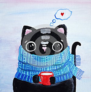 Cute animal painted with bright colors, black cat, big round eyes