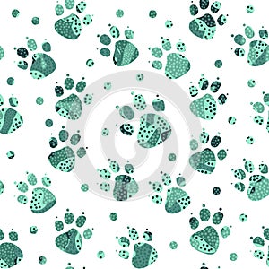 Cute Animal paws vector seamless pattern. Abstract spotted turquoise cat or dog footprints on white background.