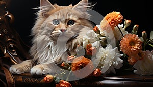 Cute animal pets, flower, domestic animals, mammal, kitten, small domestic cat generated by AI