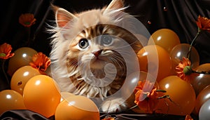 Cute animal pets, young kittens looking playful at Halloween party generated by AI