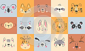 Cute animal portraits. Hand drawn happy animals faces, smiling bear, funny fox and koala cartoon vector illustration set