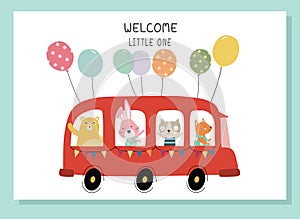 Cute animal with school bus.Happy birthday, holiday, baby shower celebration greeting and invitation card.Vector illustrations.