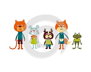 Cute animal set including cat, mouse, dog, fox and frog.