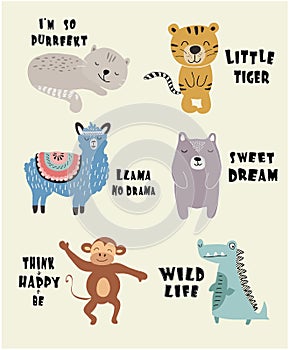 Cute animal set print. childish vector illustration for kids t shirt,clothes