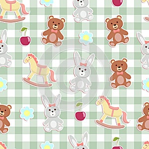 Cute animal toy seamless checkered background