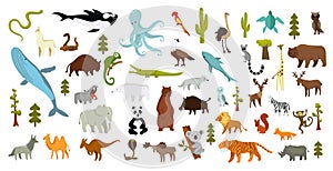 Cute animal vector illustration icon set isolated on a white background. Hand drawn animals. Icons for children with