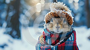 Cute animals with warm winter clothes in a bright winter day