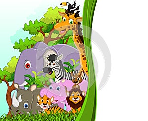 Cute animal wildlife cartoon with forest background