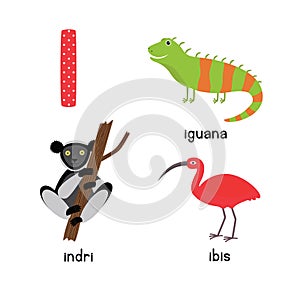 Cute Animal Zoo Alphabet. Letter I for iguana, ibis, indri photo