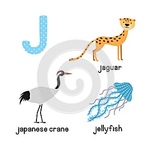 Cute Animal Zoo Alphabet. Letter J for Jaguar, jellyfish, Japanese crane .