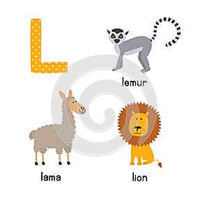 Cute Animal Zoo Alphabet. Letter L for Lion, Lemur, Lama. photo